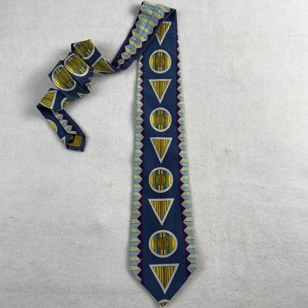 Format Japan Mens Silk Tie Blue Yellow Geometric Triangle Abstract 90s Retro